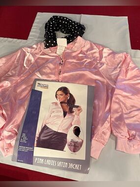 Pink Ladies Satin Grease Jacket Scarf Set 1950s Sandy Zip Up Women’s Size Medium